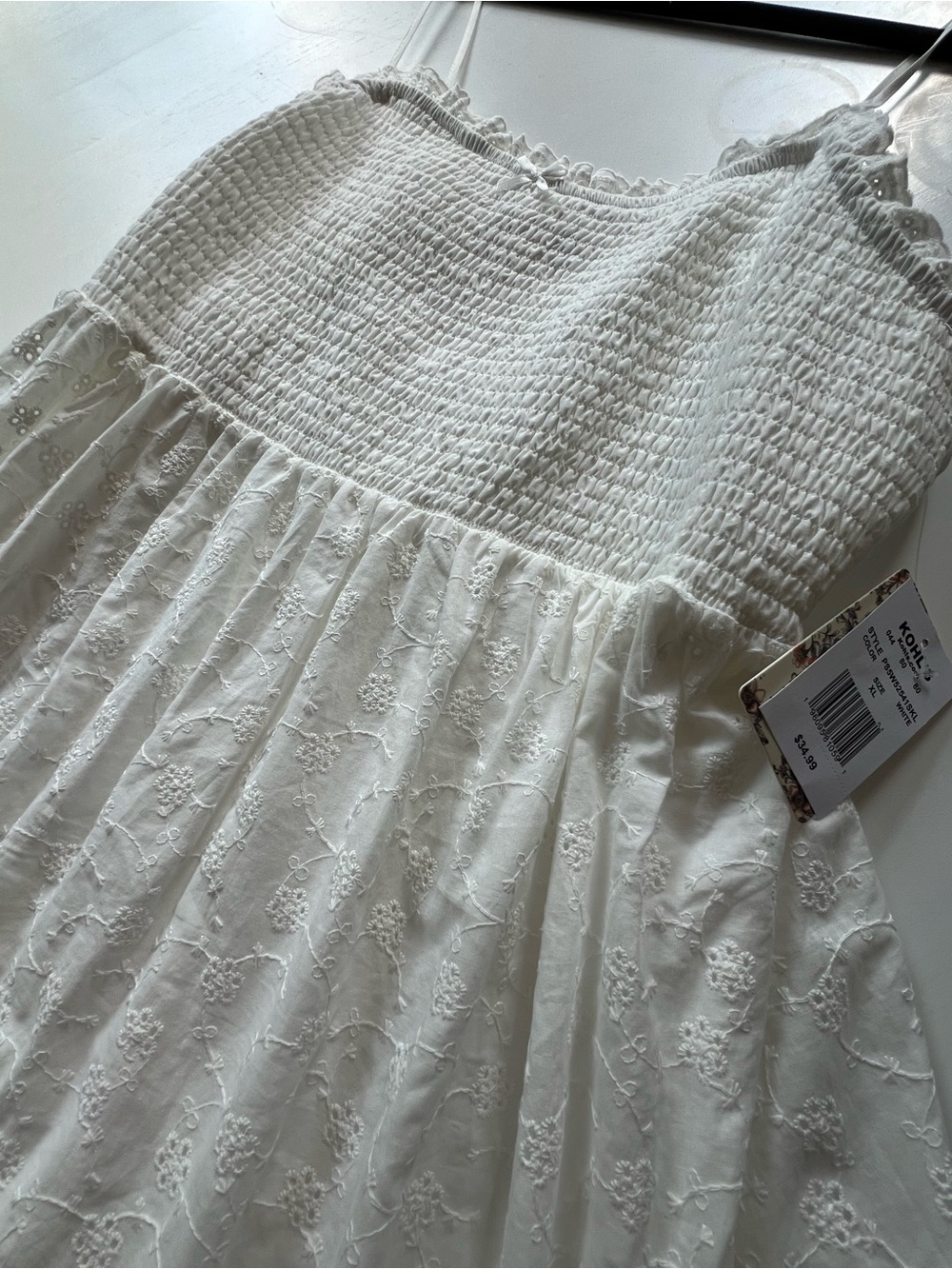 NWT Pink Republic brand White Smocked Spaghetti Strap Dress with Eyelet Detail